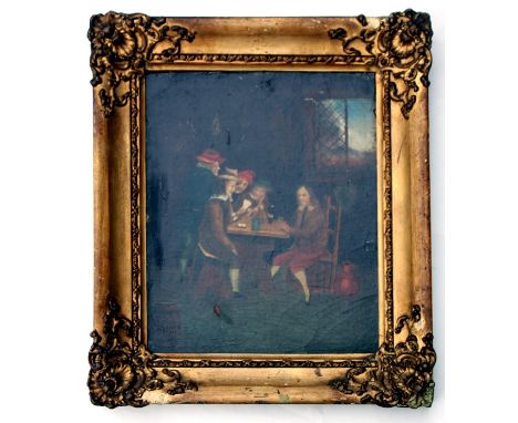 In the manner of David Teniers (Flemish 1610-1690) - Figures Playing Cards at a Table - oil on panel, framed, 25.5 by 20.5cms