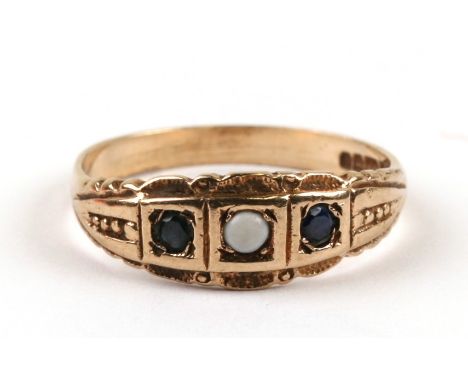 A 9ct gold opal and sapphire gypsy style ring, approx UK size 'O'.