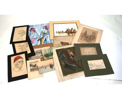 A quantity of drawings, watercolours and engravings to include Clements, an architectural drawing and others, all unframed.
