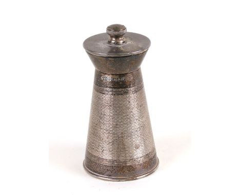 A silver pepper grinder in the form of a milk churn with engine turned decoration, Birmingham 1971, J Collyer &amp; Co. Ltd, 