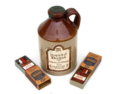 A sealed stoneware Whisky flask, labelled 'Ye Spirit of Dunkirk, Old Scotch Whisky From McIntyre; together with two miniature