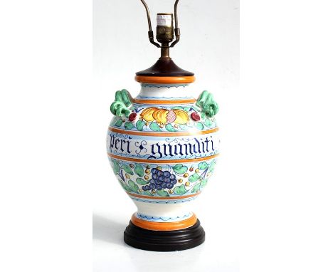 A modern Italian maiolica table lamp decorated with fruit and flowers, 36cms (14ins) high.