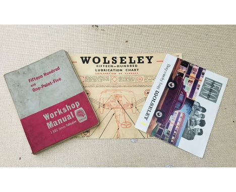 An original Wolseley Fifteen Hundred workshop manual, lubrication chart and sales brochure.