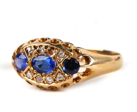 An Edwardian 18ct gold sapphire and diamond ring, Chester 1909, approx UK size 'P'.Condition ReportOne diamond missing.