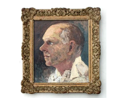 June Woolley (20th century British) - Portrait of William De Boudry Falls - (one of the Guinness family) oil on board, framed