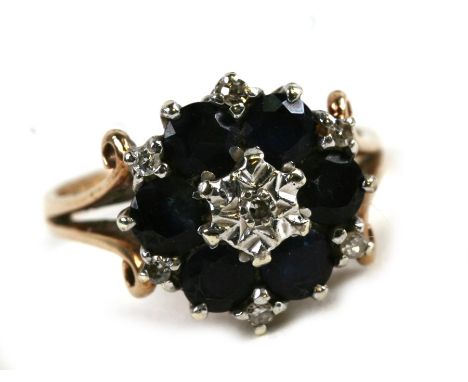 A 9ct gold sapphire and diamond cluster ring, weight 3.5g, approx UK size 'J'.