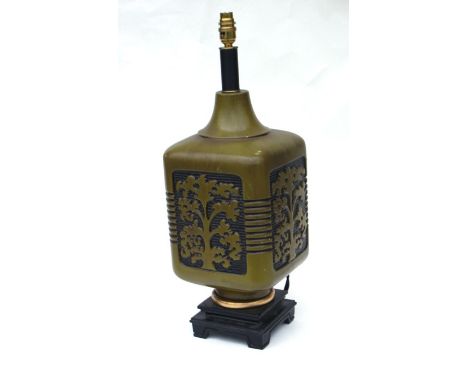 A mdi 20th century design American Orientalist green ceramic table lamp, (PAT tested) 62cms (24.5ins) high.