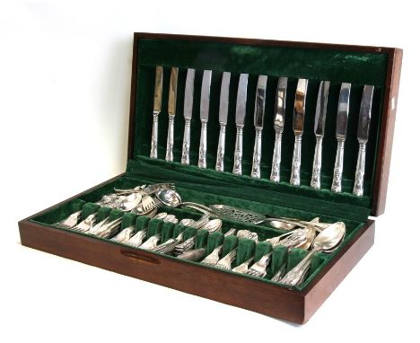 A quantity of Mappin &amp; Webb fiddle and shell pattern silver plated cutlery; together with other silver plated flatware.Co