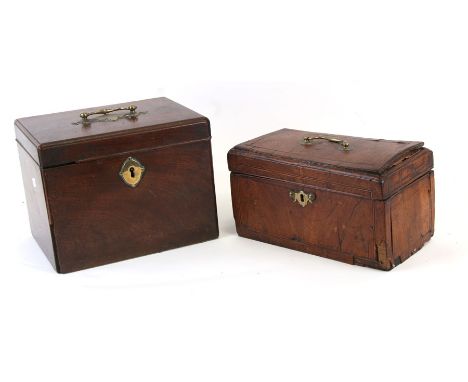A George III mahogany five-division decanter box, 24cms (9.5ins) wide; together with a tea caddy with gutted interior, 26cms 