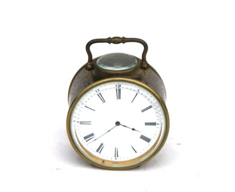 A 19th century Campaign travelling clock with white enamel dial with Roman numerals in a brass drum case with engraved scroll