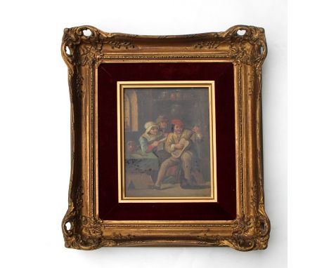 19th century Flemish school - A Interior Scene with a Man Playing a Guitar with Onlookers - oil on panel, framed, 21.5 by 17c