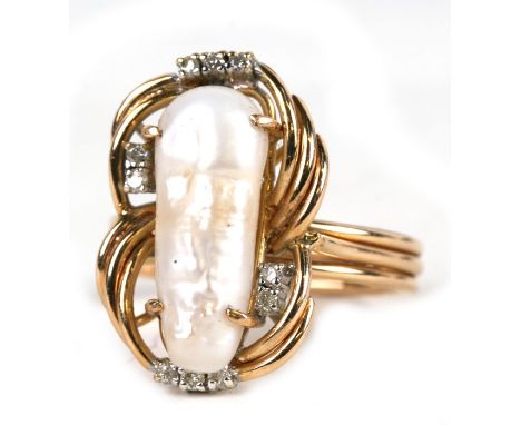 A 14ct gold natural pearl and diamond modern design ring, approx UK size 'O'.