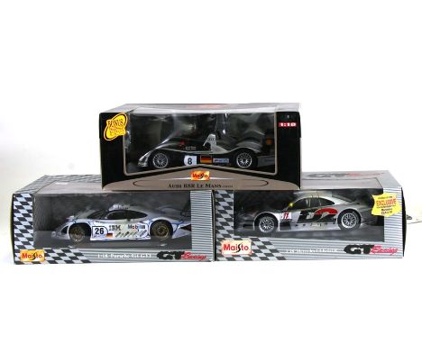 Three Maisto 1-18 scale Le Mans Racing Cars comprising Audi R8R 1999, Porsche 911 GT1 1998 and Mercedes CLK-GTR, all boxed (3