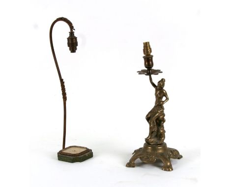 An Art Nouveau style brass figural table lamp, 33cms (13ins) high; together with an early 20th century lamp base, 40cms (15.7