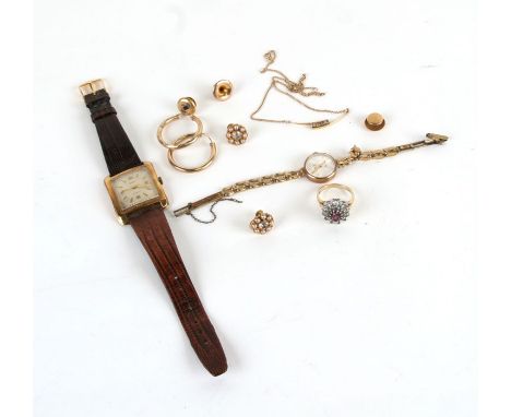 A gentleman's 14ct gold wristwatch; together with a pair of 9ct gold earrings, a 9ct gold dress ring, a pair of 9ct gold and 