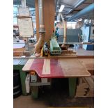 Wadkin BRA 350 pull over cross cut saw with roller feed table. Purchaser responsible for