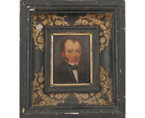 IRISH SCHOOL (C.1820)Portrait of a GentlemanOil on board, 12 x 9.5cm, contained in black and gilt decorated frame