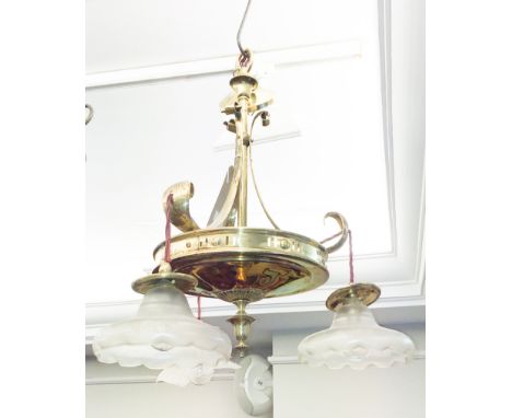 A BRASS FRAMED CIRCULAR CEILING LIGHT, with pierced brass body mounted with inverted finial and suspending three lights, each