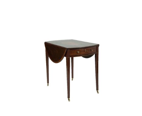 A 19TH CENTURY INLAID MAHOGANY OVAL DOUBLE DROP LEAF PEMBROKE TABLE, the top with satinwood crossbanding and inlaid shelf mot