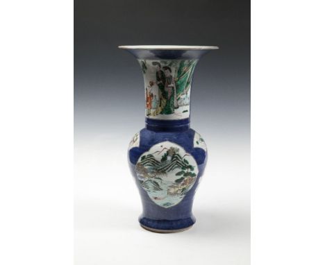 A CHINESE POWDER BLUE GROUND YEN YEN VASE, Kangxi, of flared baluster form, the tapering cylindrical neck decorated with cour