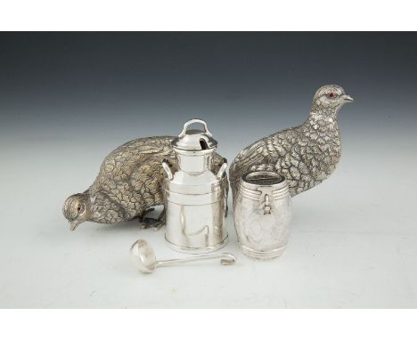 A PAIR OF SILVER PLATED MODELS OF PARTRIDGES, each in individual stances, set with jewelled eyes,together with a continental 