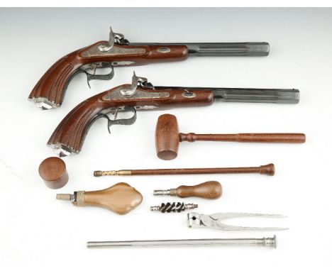 A PAIR OF CASED SPANISH REPRODUCTION PERCUSSION DUALLING PISTOLS, 44cal, each with 9.5 (24cm) octagonal blued and fluted barr
