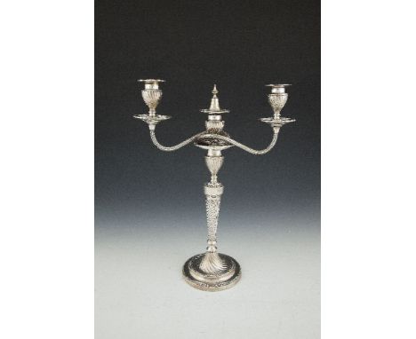 A VICTORIAN THREE LIGHT CANDELABRUM, Sheffield 1887, makers mark of Hawksworth, Eyre & Co. (James Kebberling Bembridge)  the 