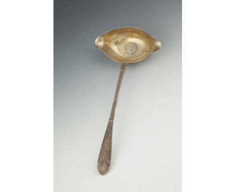 AN IRISH VICTORIAN BRIGHT CUT SILVER LADLE, Dublin 1838, makers mark of Christopher Cummings with double lipped bowl, gilded 