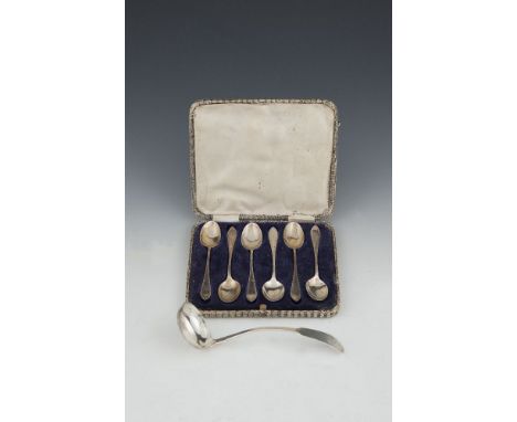 A SET OF SIX BRIGHT CUT SILVER COFFEE SPOONS, in fitted case, Sheffield, each with feathered tapering handle; together with a