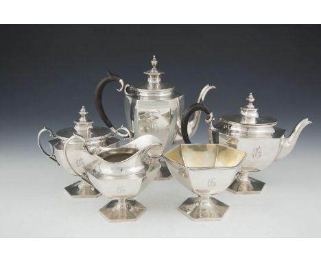 AN AMERICAN STERLING STANDARD FIVE-PIECE SILVER TEA AND COFFEE SERVICE, stamped J.E. Caldwell, Philadelphia, comprising coffe