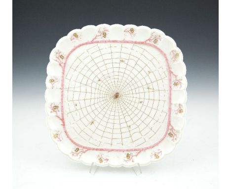 A BELLEEK FIRST PERIOD THORN PATTERN  SHAPED SQUARE TRAY, with pink and gilt highlights, centred with a spider in a web, impr