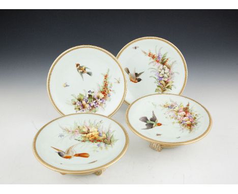 A PAIR OF ROYAL WORCESTER PORCELAIN CIRCULAR TAZZAS, and a pair of matching circular plates, the celadon green ground with fl