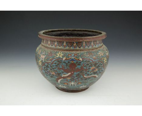 AN ORIENTAL CLOISIONNÉ ENAMEL JARDINÈRE, early 20th century, of ovoid form, decorated with dragons and auspicious objects aga