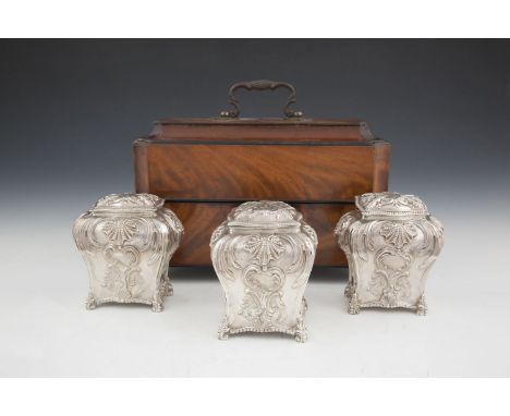  A SCOTTISH GEORGE III SET OF THREE SILVER TEA CADDIES, Edinburgh 1772, maker's mark of Alexander Gardiner, in a mahogany cas