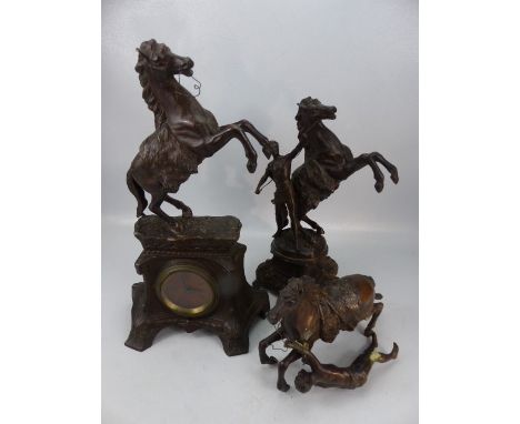 Bronzed French mantle clock with Marly style matching rearing horse garniture 