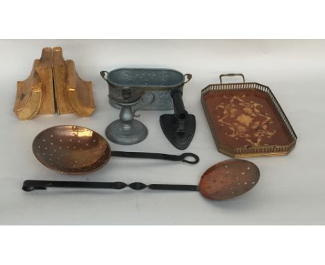 A mixed lot to include two long handle copper cooking utensils, a vintage flat iron, chamber stick, tin planter 24cmL 9cmH, t