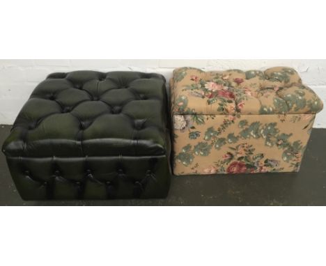 Two button back foot stools with internal storage one with floral fabric and the other green (2)