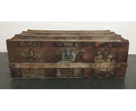 A vintage wood and metal trunk with leather handles 52x92x32cm 