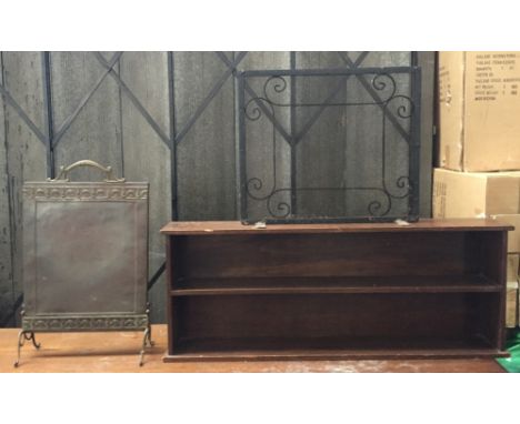 A wrought iron firestand together with a brass firestand together with a mahogany hanging shelf 115 x 45cmH