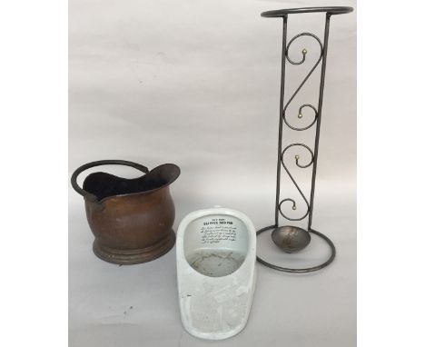 A mixed lot to include a vintage ceramic bedpan, a metal umbrella stand and a copper coal bucket
