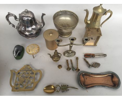 A mixed lot of brass and EPNS items to include a coffee pot 23cmH, a spoon with a scorpion handle, an Estyma carriage clock, 