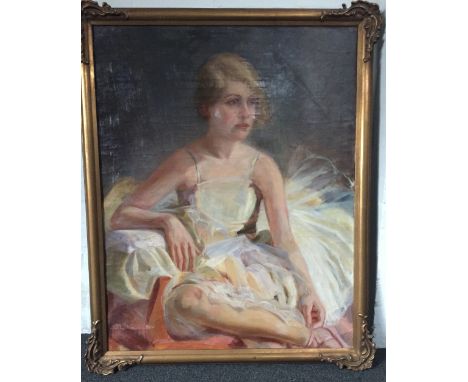 British School, 20th century, Portrait of a young ballerina in white tutu with blonde hair and blue eyes, oil on canvas, fram