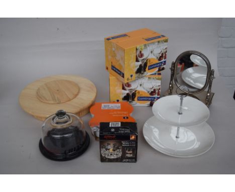 A quantity of kitchenware including two boxed sets of Luminarc wine glasses, a white ceramic two tier cake stand, a cheese di