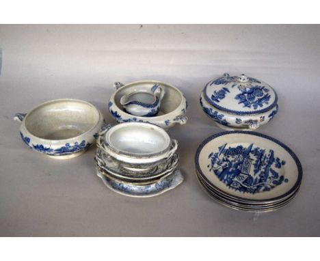 A mixed lot of mainly blue and white china including tureens and plates together with Crown Devon sugar pot and saucer, Wedgw