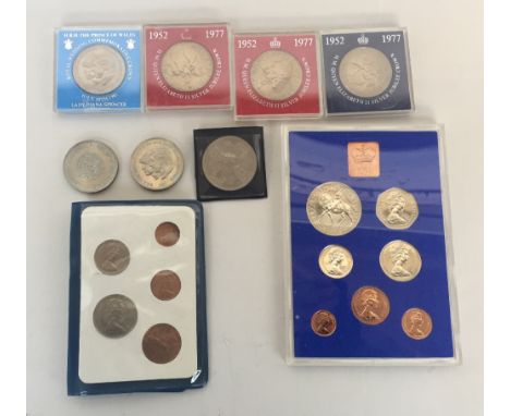A small set of coins to include two Royal Wedding commemorative crowns for the wedding of Charles and Diana vf one in Perspex