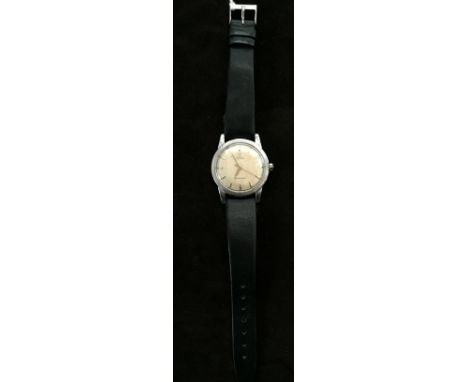 An early gents stainless steel Omega Seamaster Automatic wristwatch circa 1949 with gilt arrow batons and later leather strap
