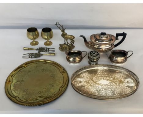 A mixed lot of brass and EPNS items to include a tea pot with milk jug and sugar bowl by Spear and Jackson Sheffield with gad