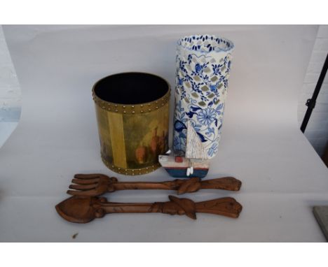 A mixed lot to include a pair of large teak carved spoons, a Japanese ceramic blue and white umbrella stand, a wooden sailing
