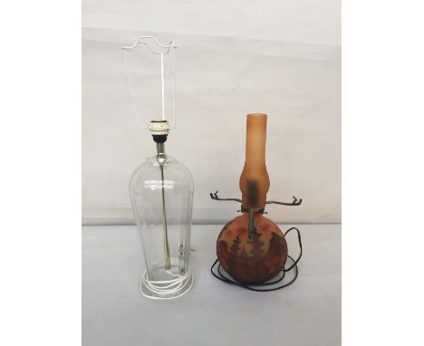 An urn shape table lamp 48cmH together with a cameo style amber colour glass lamp with chimney, round body etched with trees 