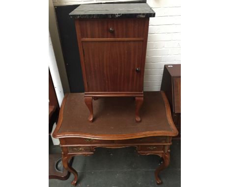 A teak pot cupboard with enamel interior, shelf and cabriole legs under  a black marble top 40 x 35 x 77cmH